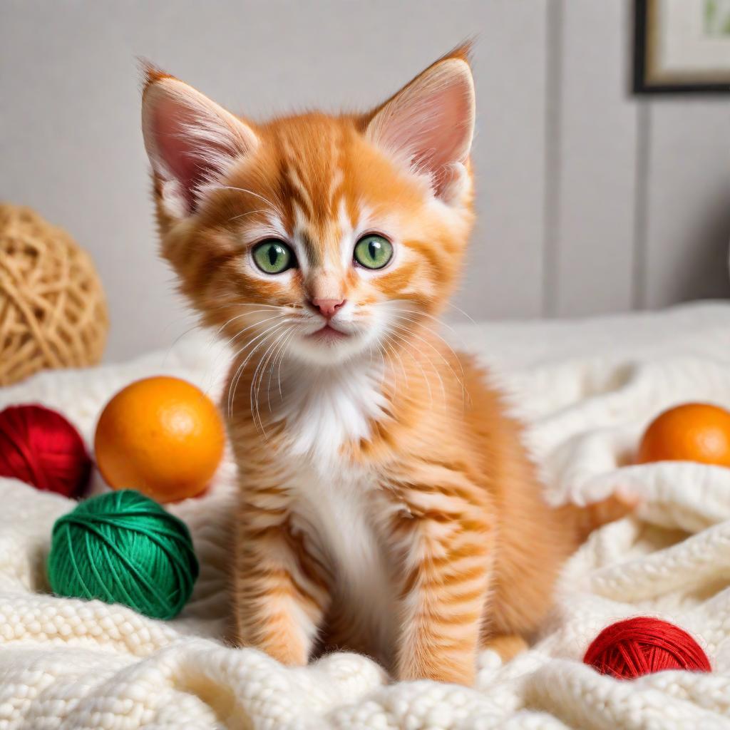  An orange kitten with big green eyes, sitting on a soft, fluffy white blanket. The kitten has a playful look and is surrounded by some colorful toys like balls of yarn and tiny mouse toys. The background is a cozy room with a warm atmosphere. hyperrealistic, full body, detailed clothing, highly detailed, cinematic lighting, stunningly beautiful, intricate, sharp focus, f/1. 8, 85mm, (centered image composition), (professionally color graded), ((bright soft diffused light)), volumetric fog, trending on instagram, trending on tumblr, HDR 4K, 8K