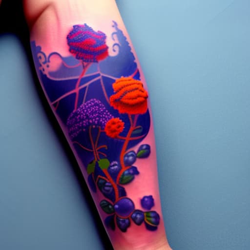 wa-vy style Arm tattoo of Various bright tiny red orange purple and blue flowers growing along a vine