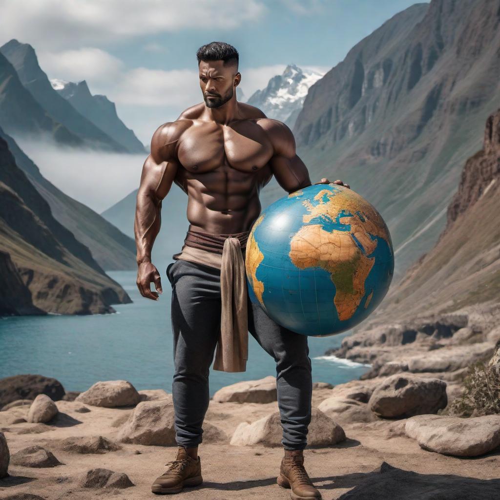  A detailed illustration of a man carrying the world on his shoulder. The man is muscular and strong, symbolizing great strength and determination. He is depicted in a heroic pose, with one knee bent and the other leg supporting his stance. His face shows intense focus and resolve as he bears the weight of the world. The globe he is carrying is detailed, showing continents and oceans, emphasizing its immense size and weight. The background is simple, ensuring the focus remains on the man and the world he carries. The overall tone is inspiring and dramatic, highlighting the theme of strength and resilience. hyperrealistic, full body, detailed clothing, highly detailed, cinematic lighting, stunningly beautiful, intricate, sharp focus, f/1. 8, 85mm, (centered image composition), (professionally color graded), ((bright soft diffused light)), volumetric fog, trending on instagram, trending on tumblr, HDR 4K, 8K