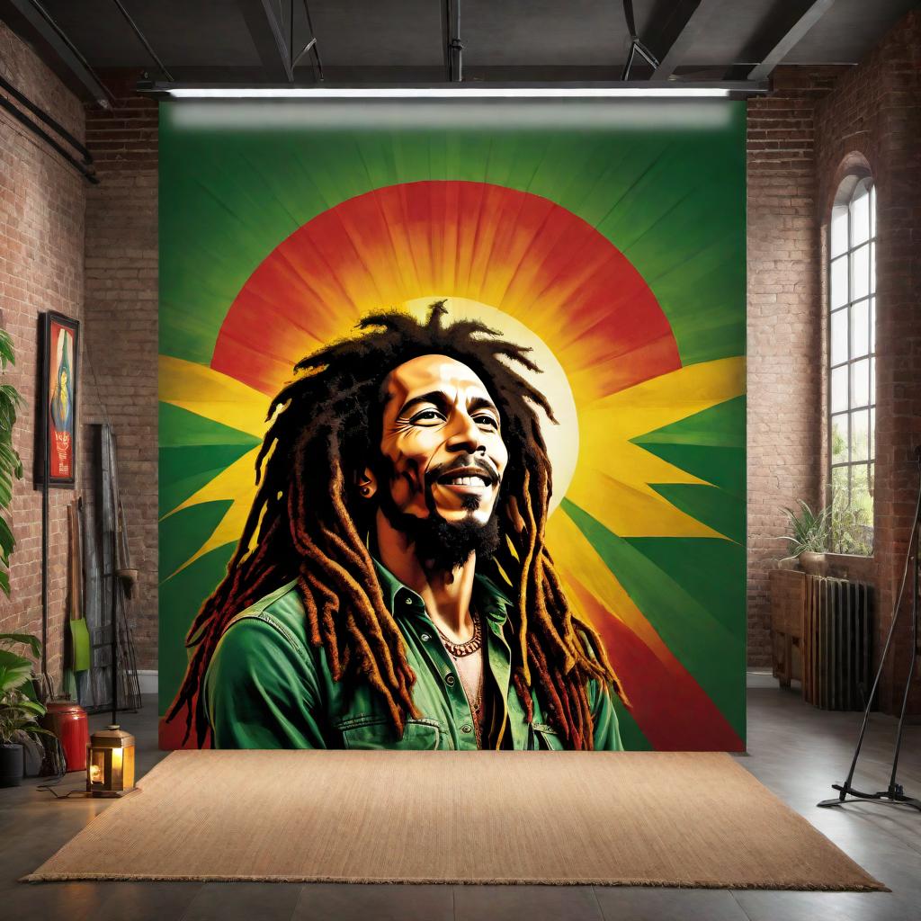  Colorful Bob Marley-inspired artwork reflecting his vibrant and legendary persona, including elements like his iconic dreadlocks, musical instruments, and a lively Rastafarian color palette with reds, greens, and yellows. hyperrealistic, full body, detailed clothing, highly detailed, cinematic lighting, stunningly beautiful, intricate, sharp focus, f/1. 8, 85mm, (centered image composition), (professionally color graded), ((bright soft diffused light)), volumetric fog, trending on instagram, trending on tumblr, HDR 4K, 8K