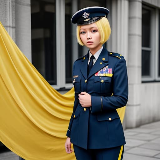  A short yellow haired military in all dark blue suit