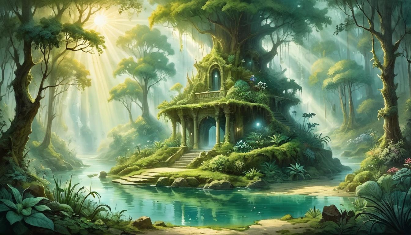  on parchment, surrealism+++, A wellspring surrounded by lush vegetation, reflective waters, rays of sunlight breaking through the canopy, serene and resilient mood(mysterious, provocative, symbolic,muted color)+++