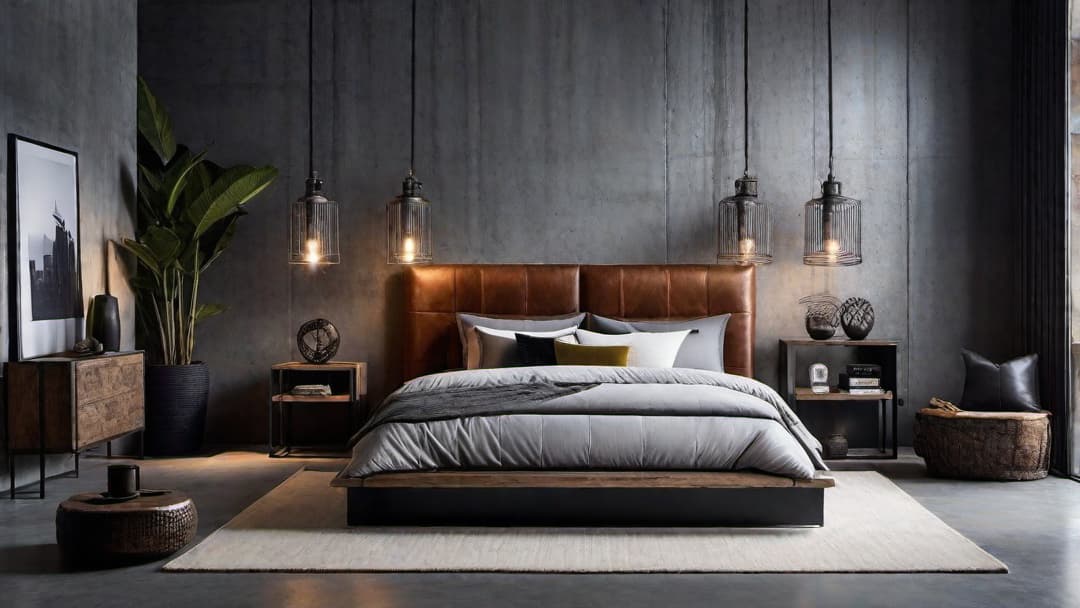  Create an image of a modern industrial bedroom design that blends industrial chic with functionality. The central features are a sturdy industrial bed frame made of raw metal and distressed wood, along with an intricately designed industrial headboard. Include industrial decor elements like metal wall art and exposed piping. Incorporate a mix of textures such as leather, concrete, and steel in a color palette of greys, blacks, and metallic tones. The atmosphere should convey an urban, edgy feel suitable for a male bedroom ideas. hyperrealistic, full body, detailed clothing, highly detailed, cinematic lighting, stunningly beautiful, intricate, sharp focus, f/1. 8, 85mm, (centered image composition), (professionally color graded), ((bright soft diffused light)), volumetric fog, trending on instagram, trending on tumblr, HDR 4K, 8K