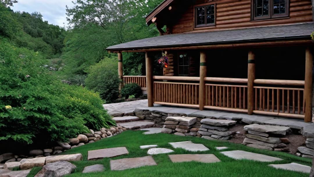  Stone Pathway Leading to a Storybook Log Cabin exterior of a log cabin. zoom out to see the full home. make the image sharp and crisp. bright sunny.