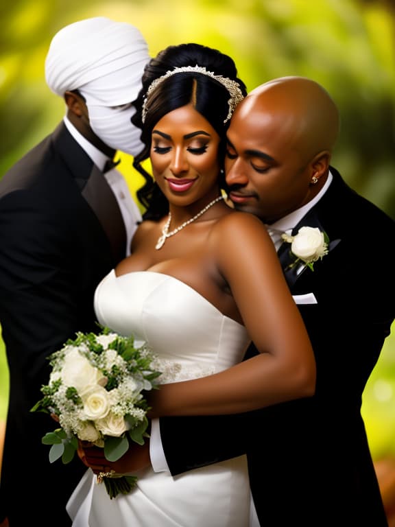  (dark shot:1.4), 80mm, A dark skinned gets married. She is hugged and ed by two men at the same time, one black man, the other Slavic. Both men her with incredible desire., soft light, sharp, exposure blend, medium shot, bokeh, (hdr:1.4), high contrast, (cinematic, teal and orange:0.85), (muted colors, dim colors, soothing tones:1.3), low saturation, (hyperdetailed:1.2), (noir:0.4) hyperrealistic, full body, detailed clothing, highly detailed, cinematic lighting, stunningly beautiful, intricate, sharp focus, f/1. 8, 85mm, (centered image composition), (professionally color graded), ((bright soft diffused light)), volumetric fog, trending on instagram, trending on tumblr, HDR 4K, 8K