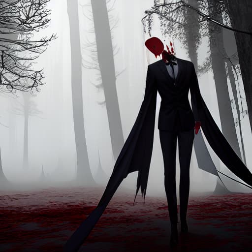  In a dark forest with fog close to the ground and crooked trees, the gloomy figure of a tall and very thin man with a black suit and tie stands out, a paper white face without any features and without hair, paper white skin, and tentacles protruding from his back. similar to arms also with suits that move on their own and eight pages stained with blood falling around the figure hyperrealistic, full body, detailed clothing, highly detailed, cinematic lighting, stunningly beautiful, intricate, sharp focus, f/1. 8, 85mm, (centered image composition), (professionally color graded), ((bright soft diffused light)), volumetric fog, trending on instagram, trending on tumblr, HDR 4K, 8K