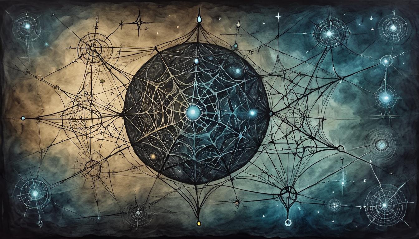  on parchment, surrealism+++, A shimmering, interconnected web of glowing lines, representing the human connection, dark background, mood of deep connectivity and understanding(mysterious, provocative, symbolic,muted color)+++