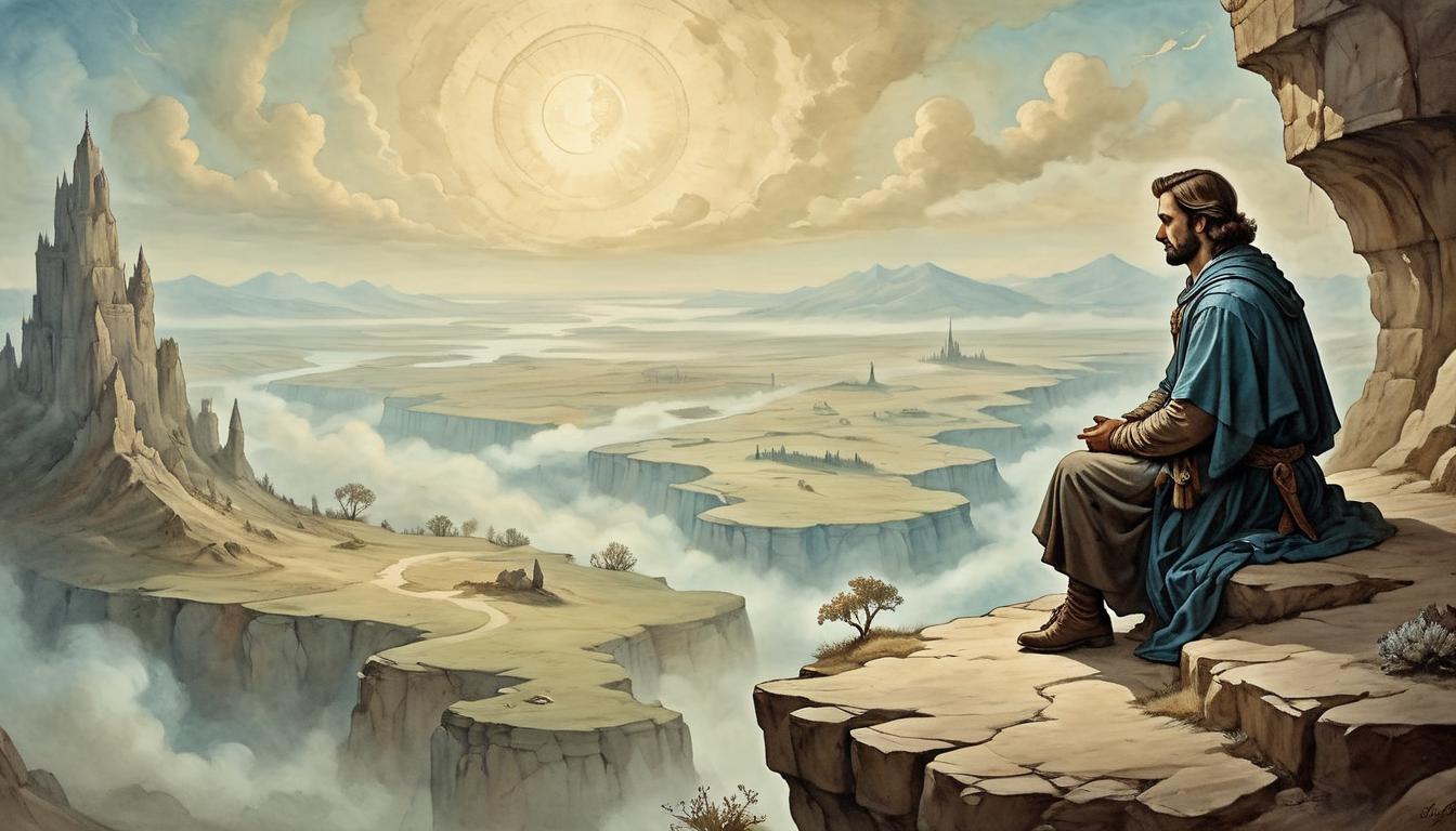  on parchment, surrealism+++, A person sitting on a high cliff edge, overlooking a vast, empty landscape, eyes closed in deep thought, surrounded by ethereal light, introspective, profound(mysterious, provocative, symbolic,muted color)+++