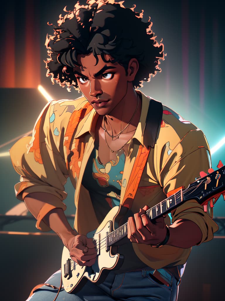  (masterpiece, best quality), 1boy, afro, (((dark skin))), playing guitar, concert, upper body, sweat, stage lights, oversized hawaiian shirt, ((intricate, print, pattern)), happy, necklace, ((bokeh)), jeans, drummer, dynamic pose hyperrealistic, full body, detailed clothing, highly detailed, cinematic lighting, stunningly beautiful, intricate, sharp focus, f/1. 8, 85mm, (centered image composition), (professionally color graded), ((bright soft diffused light)), volumetric fog, trending on instagram, trending on tumblr, HDR 4K, 8K