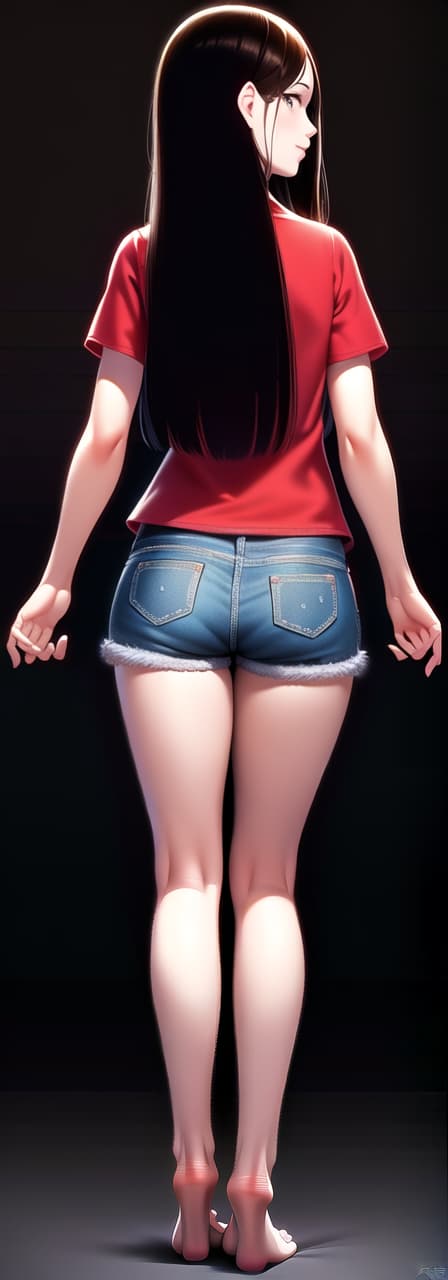  Brown hair girl, smile, long hair, red pajamas, denim shorts, beautiful legs, back, lower body, sleep on bed, (Masterpiece, BestQuality:1.3), (ultra detailed:1.2), (hyperrealistic:1.3), (RAW photo:1.2),High detail RAW color photo, professional photograph, (Photorealistic:1.4), (realistic:1.4), ,professional lighting, (japanese), beautiful face, (realistic face)