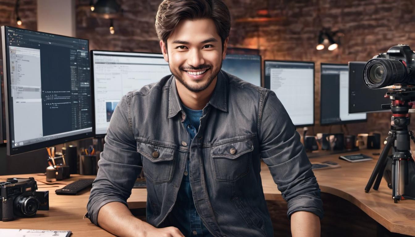  digital illustration, 1man, leaning against a desk, casual posture, wearing a friendly smile, background setup includes camera equipment, editing monitors, warm ambient lighting, atmosphere of creativity, anticipation, looking at viewer, dynamic pose, (intricate details, masterpiece, best quality)