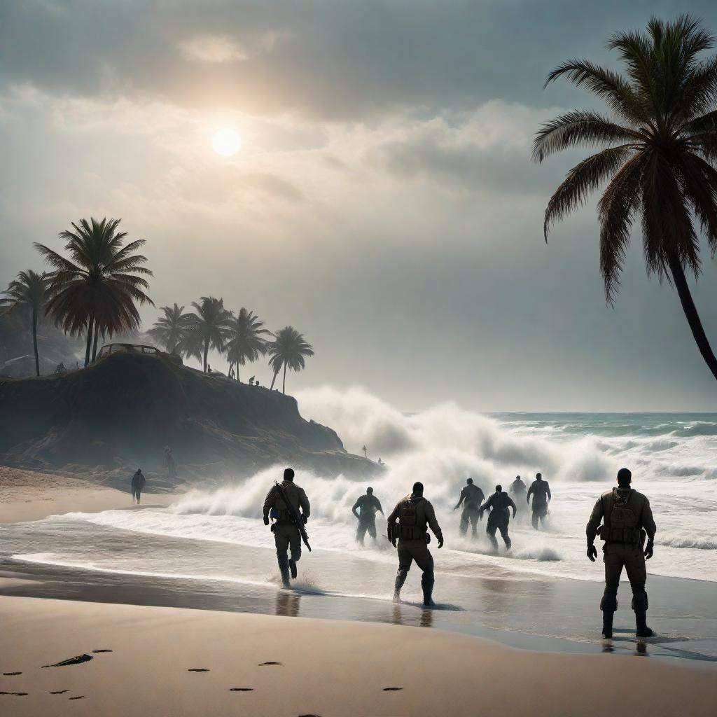  A surreal scene at the beach with monstrous creatures chasing frightened people. The setting is a sunlit beach with sand, waves, and palm trees, but the atmosphere is tense and chaotic. The monsters are large, terrifying creatures with menacing features, while the people are running in panic towards the ocean and away from the monsters. The contrast between the serene beach setting and the horror of the chase adds to the surreal and unsettling mood. hyperrealistic, full body, detailed clothing, highly detailed, cinematic lighting, stunningly beautiful, intricate, sharp focus, f/1. 8, 85mm, (centered image composition), (professionally color graded), ((bright soft diffused light)), volumetric fog, trending on instagram, trending on tumblr, HDR 4K, 8K