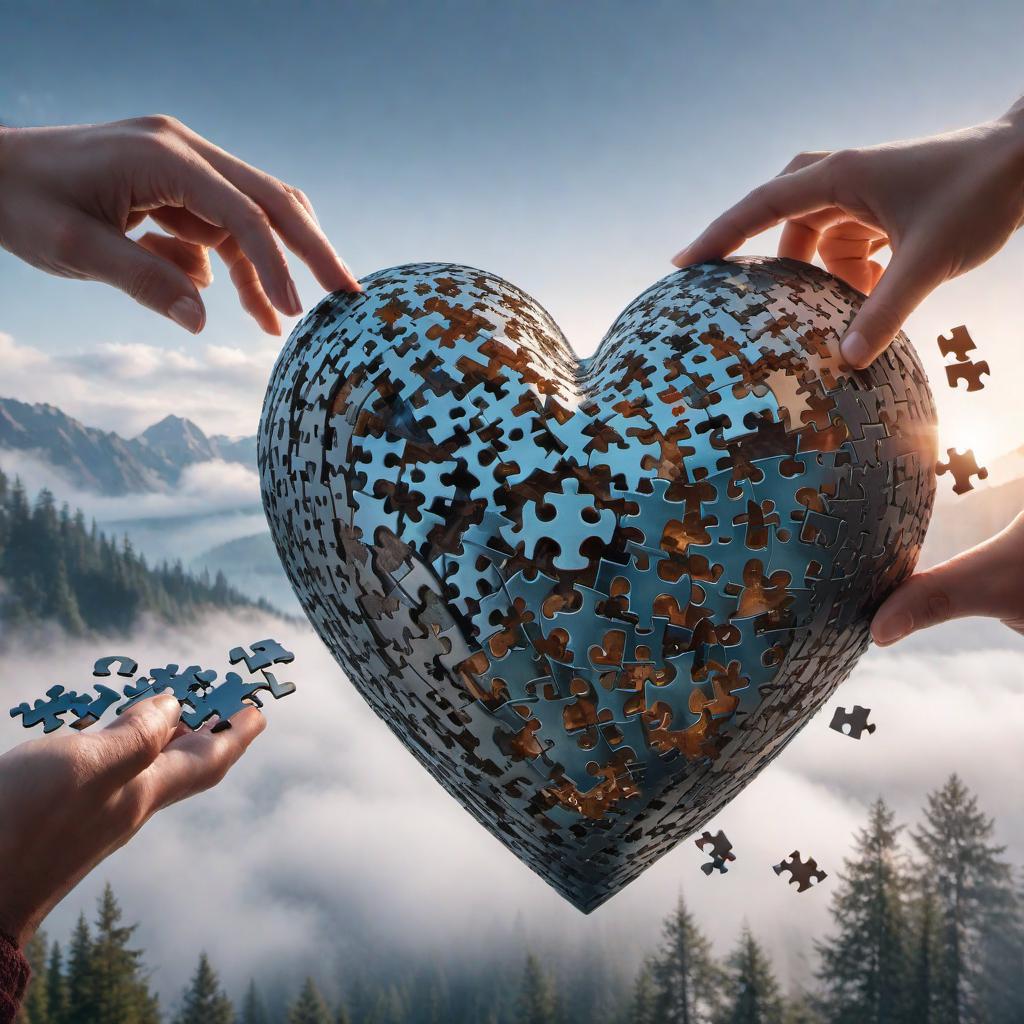  Create a six-piece puzzle in the shape of a heart, with the outer part of the heart also shaped like a puzzle. hyperrealistic, full body, detailed clothing, highly detailed, cinematic lighting, stunningly beautiful, intricate, sharp focus, f/1. 8, 85mm, (centered image composition), (professionally color graded), ((bright soft diffused light)), volumetric fog, trending on instagram, trending on tumblr, HDR 4K, 8K