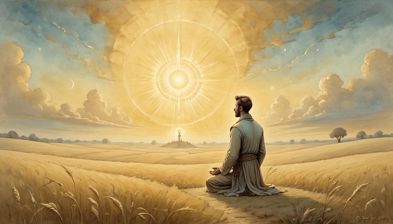  on parchment, surrealism+++, A lone figure with a radiant aura meditating in an open field, figure surrounded by a soft golden light, dusk sky, peaceful, tranquil, introspective(mysterious, provocative, symbolic,muted color)+++