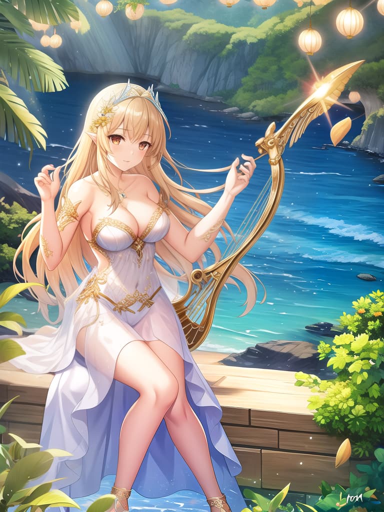  award winning, professional, highly detailed, breathtaking sea nymph, lyre stringed harp, instrument, sitting, rock, ocean spray, lightning, storm, ocean storm, driftwood, toga, angelic, sea front view, , , photorealistic, raw photo, (1girl, looking at viewer), long hair, blond, oasis, barefoot, eyeshadow, witch, maiden, songstress, fins, translucent white toga, bikini, intricate dress, delicate wood filigree, intricate filigree, pearl metalic parts, detailed part, dynamic pose, detailed background, dynamic lighting,(textured skin:1.3)