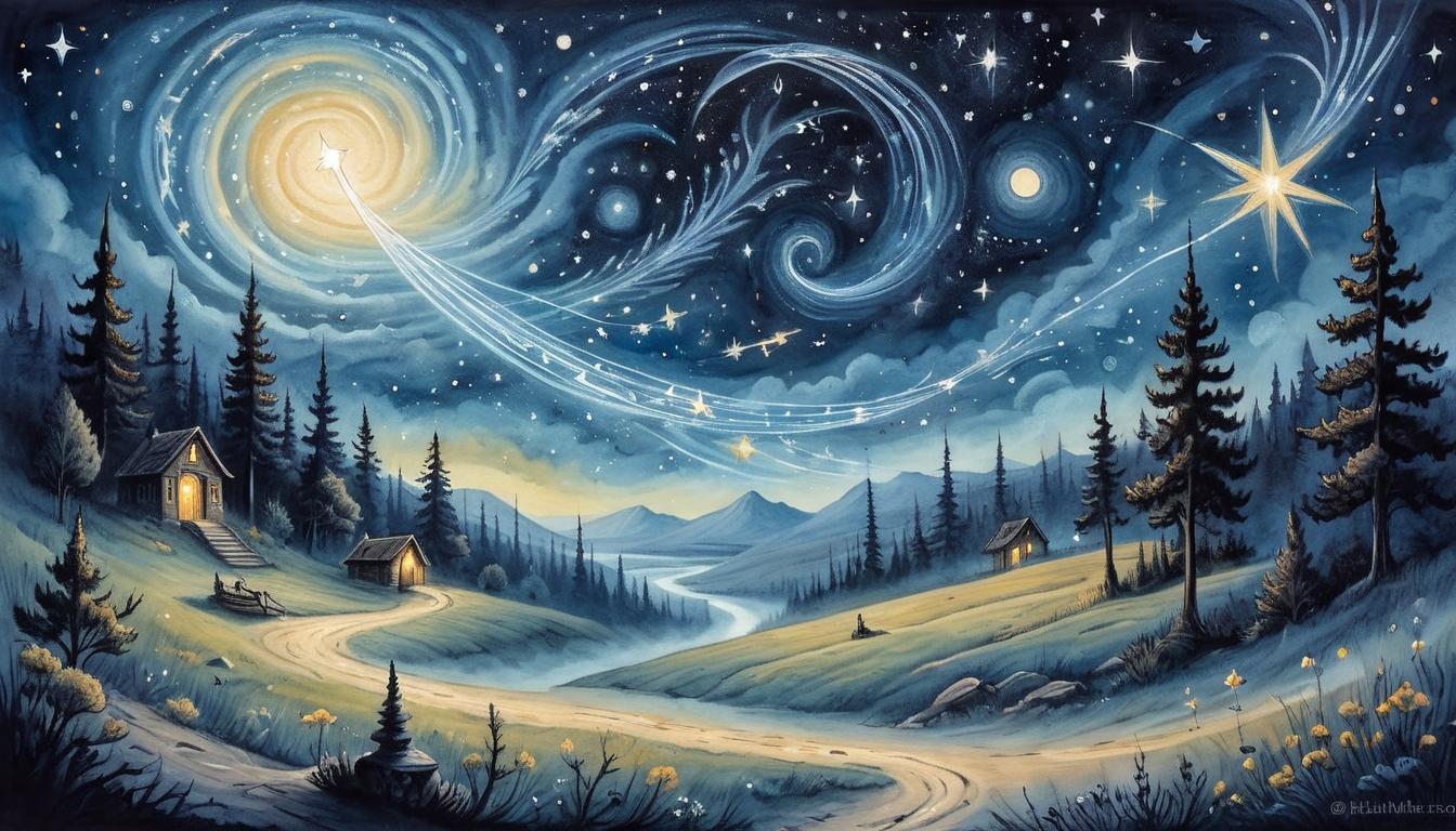  on parchment, surrealism+++, Dark night sky, shooting stars leaving trails of light, galaxy swirling in background, ethereal figures emerging from stars, shimmering, transcendent(mysterious, provocative, symbolic,muted color)+++