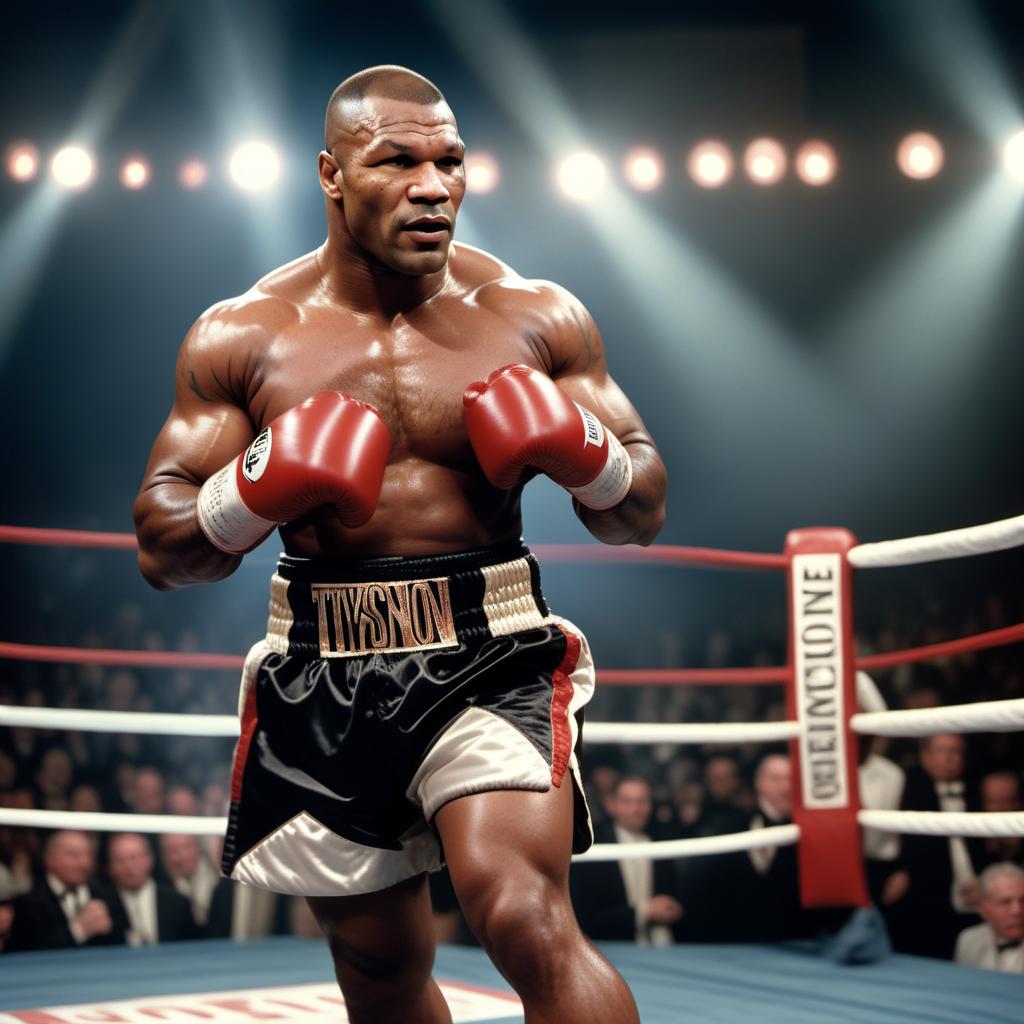  A dramatic illustration of Mike Tyson in a boxing ring, throwing a powerful punch at an opponent. The scene should capture the intensity and athleticism of the moment. hyperrealistic, full body, detailed clothing, highly detailed, cinematic lighting, stunningly beautiful, intricate, sharp focus, f/1. 8, 85mm, (centered image composition), (professionally color graded), ((bright soft diffused light)), volumetric fog, trending on instagram, trending on tumblr, HDR 4K, 8K