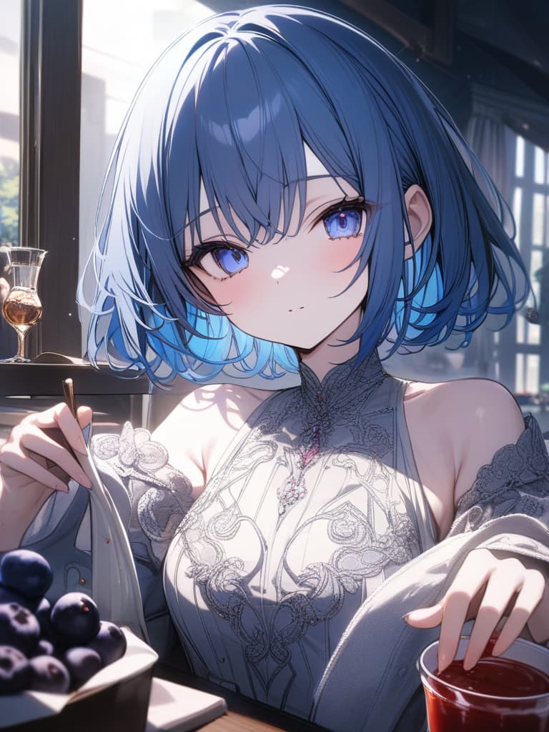  Cute, , blue hair, blue eyes, short bob, thin body, white skin, sauce, , blueberry decoration, dress, masterpiece, best quality,8k,ultra detailed,high resolution,an extremely delicate and beautiful,hyper detail