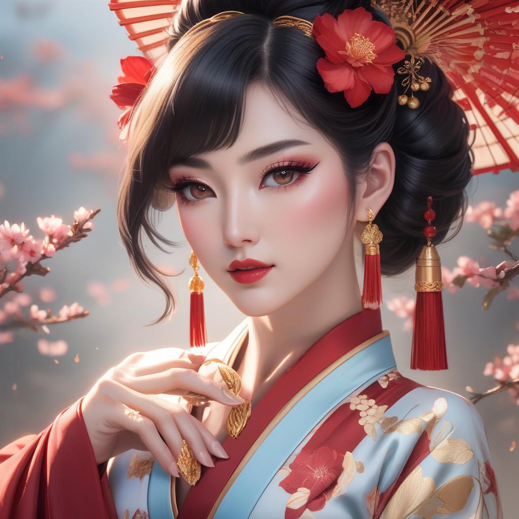  Create an image of an elegant Asian woman with light skin and almond eyes accented by red eyeshadow. Her luscious black hair is styled in a traditional updo adorned with gold hair accessories, white and red flowers, and long red tassel earrings. She is wearing a silk kimono with pale blue and red tones, patterned with subtle floral designs. The kimono is cinched at the waist with a wide red belt featuring golden details. Include a serene expression on her face and her delicate hands visible, one holding a small white bowl. The background should evoke a watercolor style with a blend of soft reds, oranges, and neutrals, hints of floral motifs, and a faded image of an Asian style pillar.Elegant digital artwork of a woman with Asian features, a hyperrealistic, full body, detailed clothing, highly detailed, cinematic lighting, stunningly beautiful, intricate, sharp focus, f/1. 8, 85mm, (centered image composition), (professionally color graded), ((bright soft diffused light)), volumetric fog, trending on instagram, trending on tumblr, HDR 4K, 8K