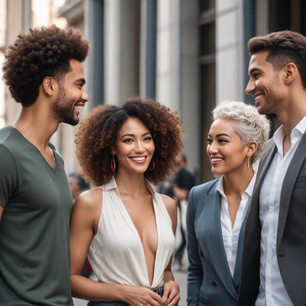  A photograph of four mixed-race people chatting together. The first person is a Chinese mixed-race woman with short brown hair. The second person is a young African and Middle Eastern white man with curly hair. The third person is a Japanese and Latino woman with curly white hair. The fourth person is an Indigenous and European man with wavy blond hair tied back. They are standing together in a casual setting, smiling and enjoying their conversation. hyperrealistic, full body, detailed clothing, highly detailed, cinematic lighting, stunningly beautiful, intricate, sharp focus, f/1. 8, 85mm, (centered image composition), (professionally color graded), ((bright soft diffused light)), volumetric fog, trending on instagram, trending on tumblr, HDR 4K, 8K