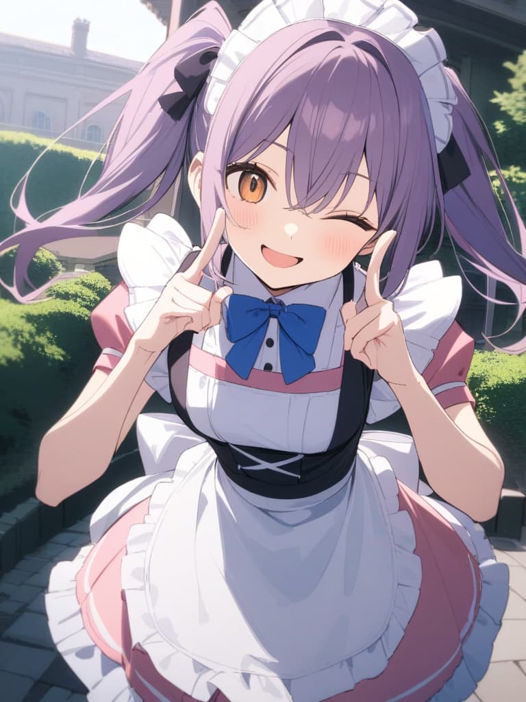  magnificent view,{{{ make heart symbol with fingers,make heart symbol with index fingers and middle fingers}}},{{maid ,solo,}},[[leaning forward]],{purple hair,twintails,short hair},{{brown eyes,one eye closed,surprised,smile}},{maid clothes,pink clothes,blue big ribbon on clothes,mini ,small s,frill },{{character focus,cowboy shot}},ilration,lawn square garden,outside mansion,,best quality,amazing quality,very aesthetic,absurdres, masterpiece, best quality,8k,ultra detailed,high resolution,an extremely delicate and beautiful,hyper detail