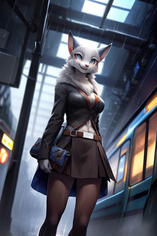  masterpiece, best quality, perfect anatomy, bright eyes, watery eyes, by t.y.stars, by null ghost, by k0bit0wani, (felis:0.25), female,solo, short skirt, (open smile:1.1), gentle, looking at viewer, train station, rain, (waterdrop:0.9), grey sky, raining, (fog:0.4), detailed background hyperrealistic, full body, detailed clothing, highly detailed, cinematic lighting, stunningly beautiful, intricate, sharp focus, f/1. 8, 85mm, (centered image composition), (professionally color graded), ((bright soft diffused light)), volumetric fog, trending on instagram, trending on tumblr, HDR 4K, 8K