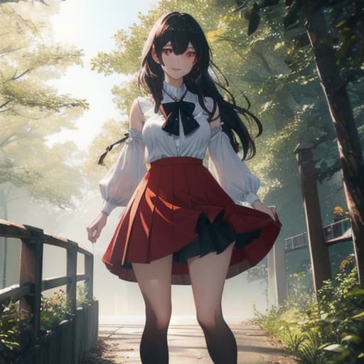   1girl, solo, anime named Emi, black long hair, in a park, wearing red skirt, looking at the viewer, red eyes, smiling. hyperrealistic, full body, detailed clothing, highly detailed, cinematic lighting, stunningly beautiful, intricate, sharp focus, f/1. 8, 85mm, (centered image composition), (professionally color graded), ((bright soft diffused light)), volumetric fog, trending on instagram, trending on tumblr, HDR 4K, 8K