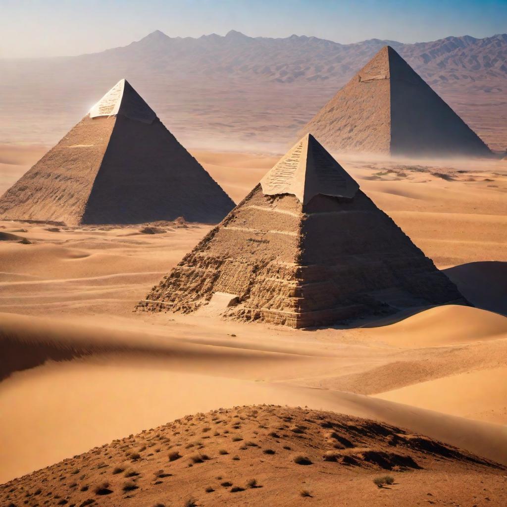  Image of a majestic pyramid in the desert with clear blue skies above. hyperrealistic, full body, detailed clothing, highly detailed, cinematic lighting, stunningly beautiful, intricate, sharp focus, f/1. 8, 85mm, (centered image composition), (professionally color graded), ((bright soft diffused light)), volumetric fog, trending on instagram, trending on tumblr, HDR 4K, 8K