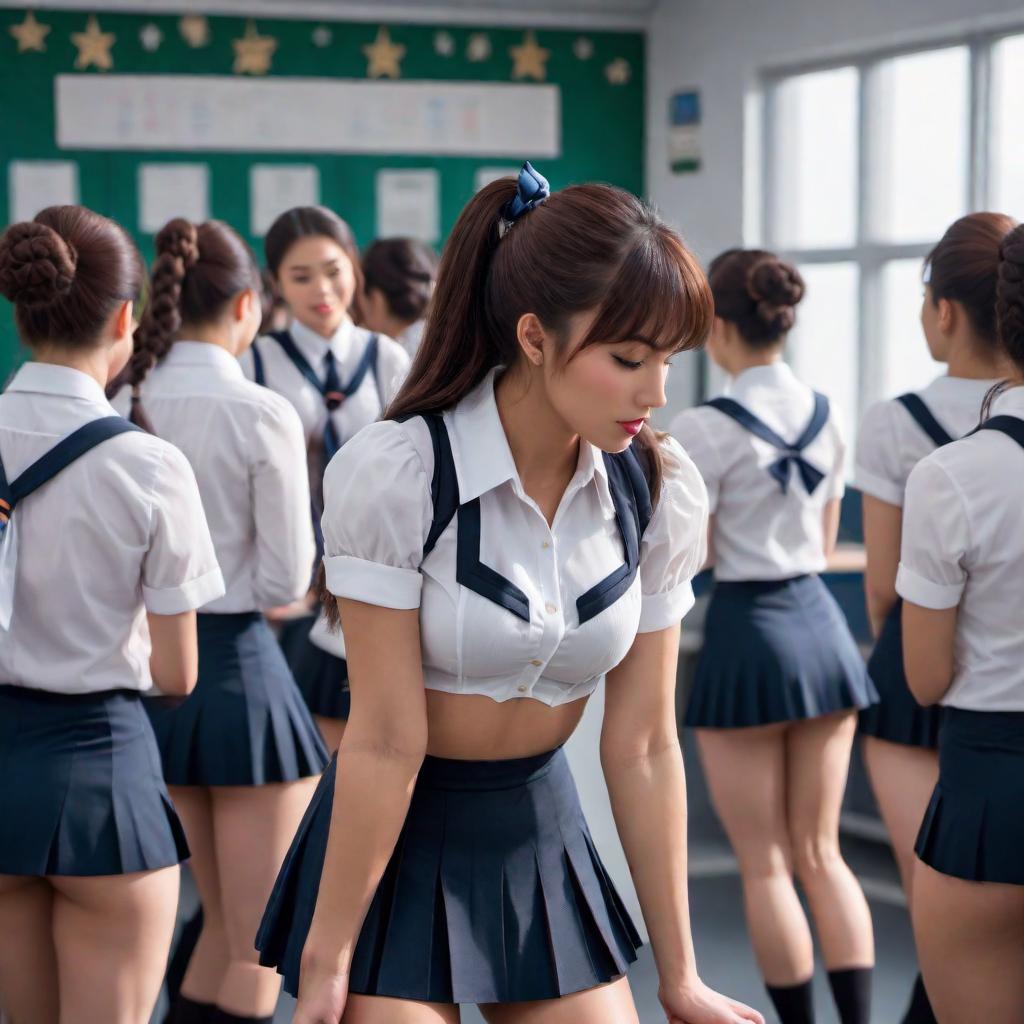  An image of a school girl getting a wedgie. hyperrealistic, full body, detailed clothing, highly detailed, cinematic lighting, stunningly beautiful, intricate, sharp focus, f/1. 8, 85mm, (centered image composition), (professionally color graded), ((bright soft diffused light)), volumetric fog, trending on instagram, trending on tumblr, HDR 4K, 8K