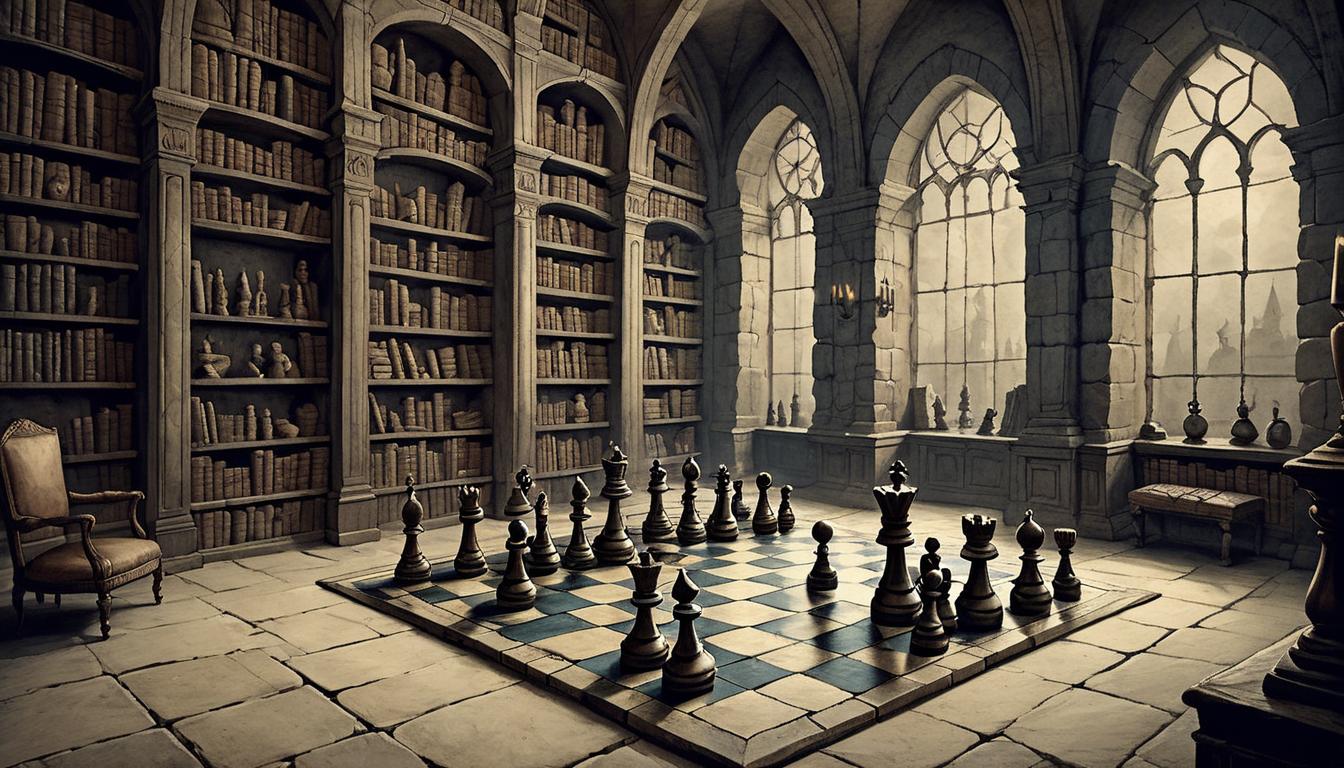  on parchment, surrealism+++, A stone chessboard in a dimly lit room, pieces arranged in a strategic, almost menacing manner, background of old, dusty bookshelves, calculated, scheming, intellectual(mysterious, provocative, symbolic,muted color)+++