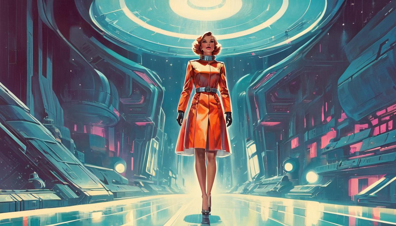  retro futuristic Confident figure in radiant light, calm and loving energy. lvintage sci fi, 50s and 60s style, atomic age, vibrant, highly detailed