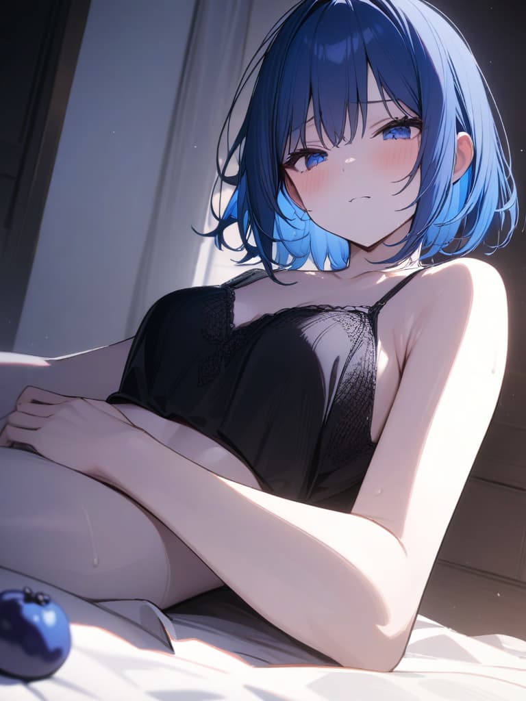  Cute, , blue hair, blue eyes, short bob, thin body, white skin, sauce, , blueberry decoration, black camisole, bed, shy face, masterpiece, best quality,8k,ultra detailed,high resolution,an extremely delicate and beautiful,hyper detail