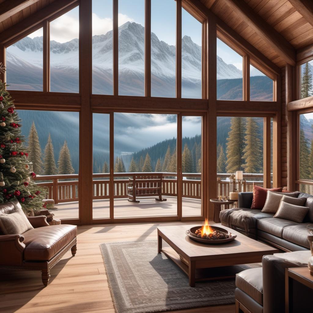  A cozy wooden cabin interior with a large window showing a snowy mountain landscape outside. Warm lighting inside with a fireplace, comfortable furniture, and rustic decorations. Snow-covered trees visible through the window. hyperrealistic, full body, detailed clothing, highly detailed, cinematic lighting, stunningly beautiful, intricate, sharp focus, f/1. 8, 85mm, (centered image composition), (professionally color graded), ((bright soft diffused light)), volumetric fog, trending on instagram, trending on tumblr, HDR 4K, 8K