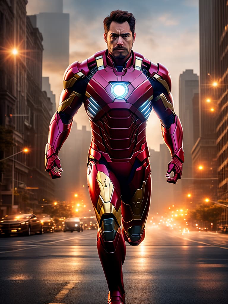  ironman tony stark in cinematic poster hyperrealistic, full body, detailed clothing, highly detailed, cinematic lighting, stunningly beautiful, intricate, sharp focus, f/1. 8, 85mm, (centered image composition), (professionally color graded), ((bright soft diffused light)), volumetric fog, trending on instagram, trending on tumblr, HDR 4K, 8K