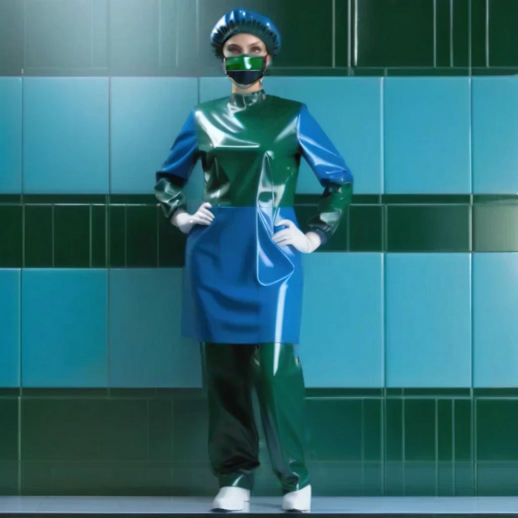  The woman stands straight, at full height, her face is directed directly at the viewer. On her face she is wearing a surgical mask with ribbon ties, made of glossy latex. The mask is split horizontally in half, creating two equal parts: the upper half of the mask is dark green and the lower half is dark blue. The mask is carefully fitted, fitting snugly to the bridge of the nose and chin, and is secured to the back of the head and neck with bands. hyperrealistic, full body, detailed clothing, highly detailed, cinematic lighting, stunningly beautiful, intricate, sharp focus, f/1. 8, 85mm, (centered image composition), (professionally color graded), ((bright soft diffused light)), volumetric fog, trending on instagram, trending on tumblr, HDR 4K, 8K