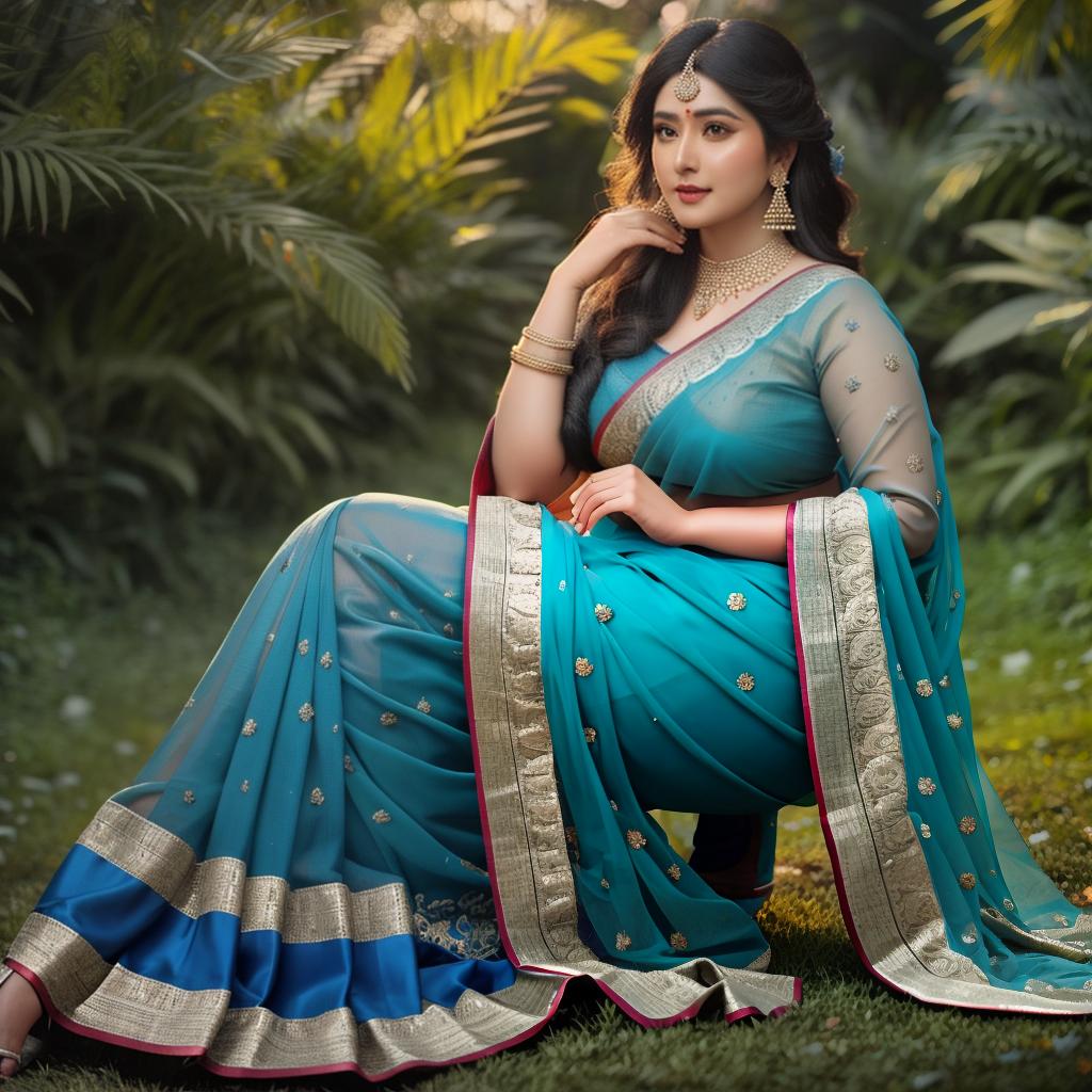  a Chubby indian women in blue saree, at greenery park, clean face details, portrait, hyperrealistic, full body, detailed clothing, highly detailed, cinematic lighting, stunningly beautiful, intricate, sharp focus, f/1. 8, 85mm, (centered image composition), (professionally color graded), ((bright soft diffused light)), volumetric fog, trending on instagram, trending on tumblr, HDR 4K, 8K