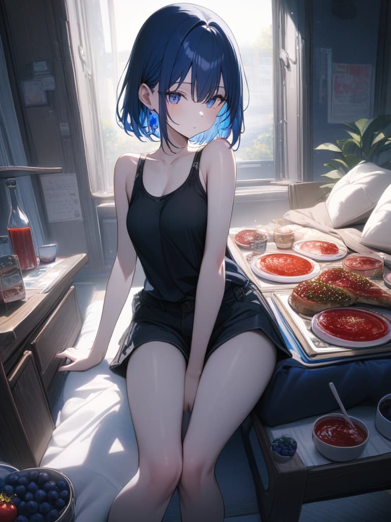  Cute, , blue hair, blue eyes, short bob, thin body, white skin, sauce, black tank top, , shorts, room, blueberry decoration, masterpiece, best quality,8k,ultra detailed,high resolution,an extremely delicate and beautiful,hyper detail