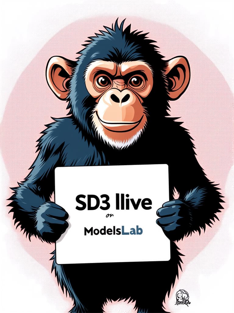  anime style a happy chimp, holding sign with text 'SD3 live on ModelsLab'