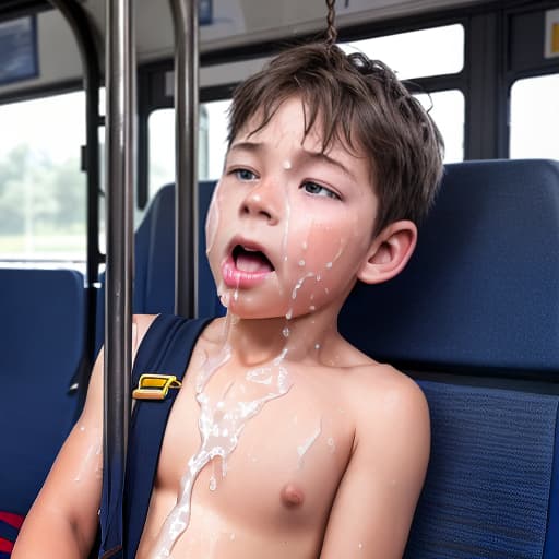  a very sweaty very young boy, caught on a public bus, is discovered by the viewer. The young 's face is rendered in exquisite detail, a look of and arousal as he realizes he's been caught the boy on the bus seat lets out a stream of warm, viscous liquid shooting out from his huge engorged erect tip coating his and splattering onto the floor of the bus, the pinnacle of his is his sweaty features, high-angle shot, dramatic angle, extreme angle shot, photo-realistic, volumetric fog, 85mm lens, HDR, cinematic