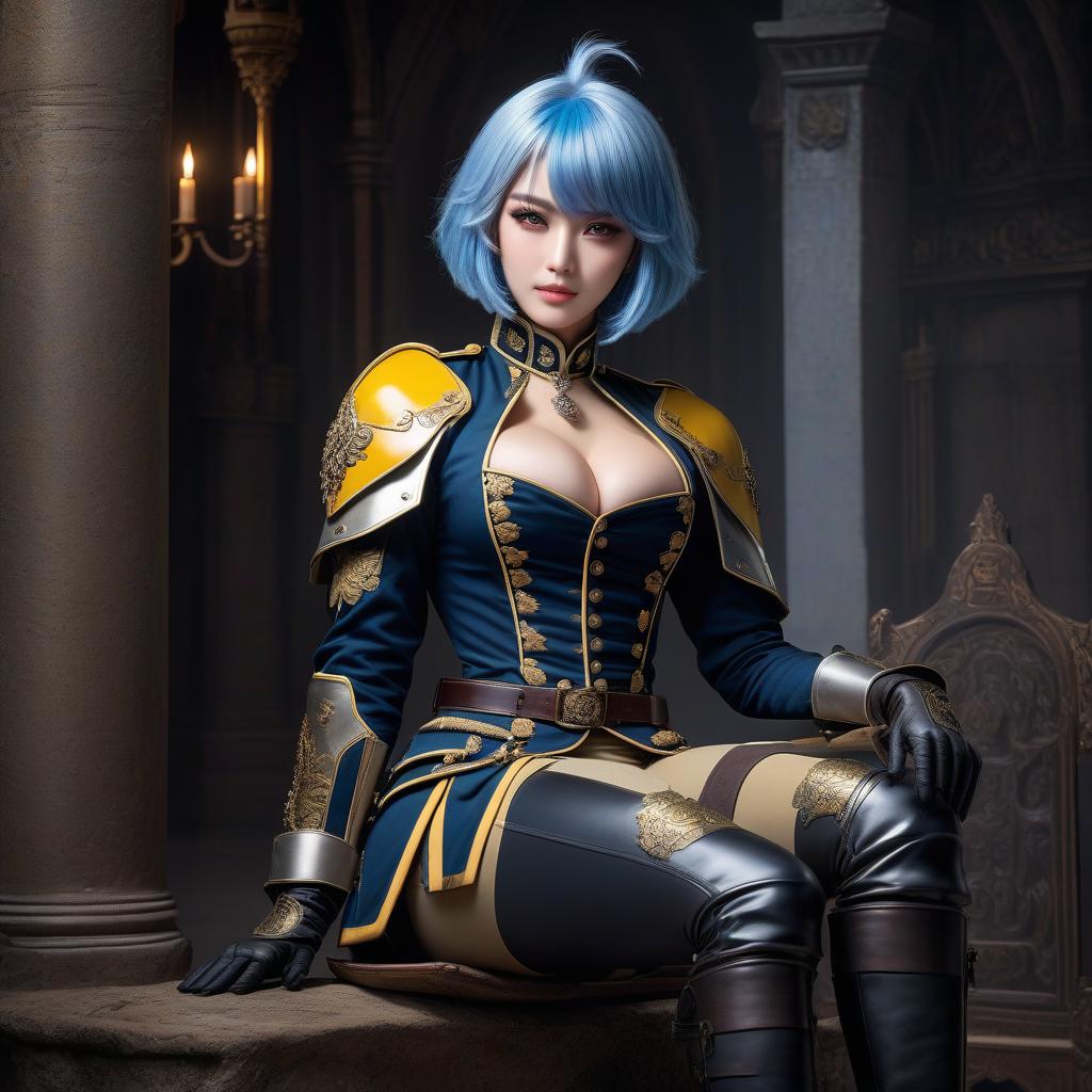  Girl, female cuirassier, ((full body)), blue hair, bob cut, bright yellow eyes, hourglass figure, fully clothed, military uniform, (19th century ceremonial uniform), cuirass, white clothes, white cloak, ((leggings )), riding pants, black boots, over the knee boots, thigh high boots, tight boots, belt, choker, epaulettes, awards, (epic pose), looking at viewer, looking down, evil grin, (extremely hyper detailed face), (masterpiece : 1.4), (perfect eyes: 1.1), (perfect hands), 2D, anime, extremely detailed clothes. hyperrealistic, full body, detailed clothing, highly detailed, cinematic lighting, stunningly beautiful, intricate, sharp focus, f/1. 8, 85mm, (centered image composition), (professionally color graded), ((bright soft diffused light)), volumetric fog, trending on instagram, trending on tumblr, HDR 4K, 8K