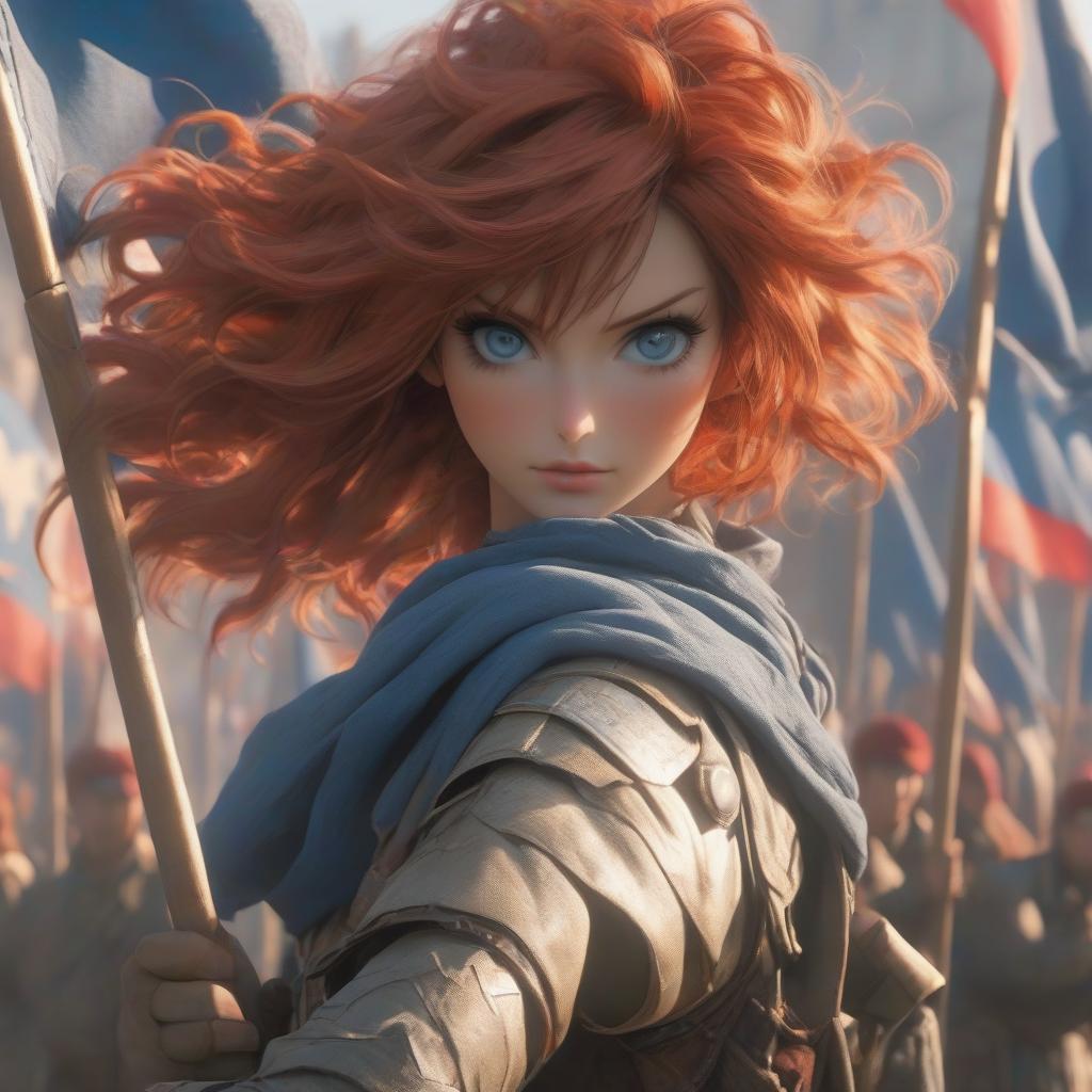  Anime girl with red hair and blue eyes holding a flag. [ To me, this sentence sounds more natural when translated as "A girl with red hair and blue eyes from an anime has a flag." However, since the original sentence literally translates to "anime girl with red hair and blue eyes with the flag," I've opted for the more literal translation. hyperrealistic, full body, detailed clothing, highly detailed, cinematic lighting, stunningly beautiful, intricate, sharp focus, f/1. 8, 85mm, (centered image composition), (professionally color graded), ((bright soft diffused light)), volumetric fog, trending on instagram, trending on tumblr, HDR 4K, 8K