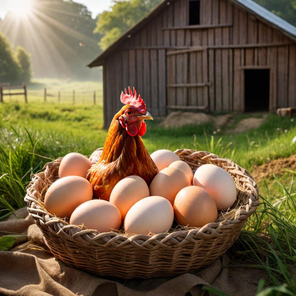  An image of cage-free chicken eggs in a natural setting. Show eggs in a basket with a label 'Cage-Free'. Include chickens roaming freely in the background, with elements of a farm such as grass, a barn, and sunlight. hyperrealistic, full body, detailed clothing, highly detailed, cinematic lighting, stunningly beautiful, intricate, sharp focus, f/1. 8, 85mm, (centered image composition), (professionally color graded), ((bright soft diffused light)), volumetric fog, trending on instagram, trending on tumblr, HDR 4K, 8K