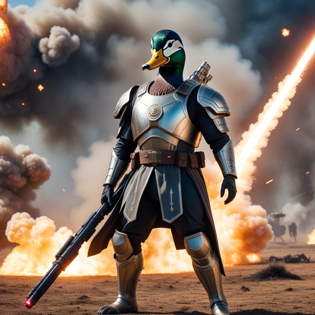  A creative and unique image of a war duck with futuristic armor, wielding a laser sword, standing on a battlefield with explosions in the background. hyperrealistic, full body, detailed clothing, highly detailed, cinematic lighting, stunningly beautiful, intricate, sharp focus, f/1. 8, 85mm, (centered image composition), (professionally color graded), ((bright soft diffused light)), volumetric fog, trending on instagram, trending on tumblr, HDR 4K, 8K