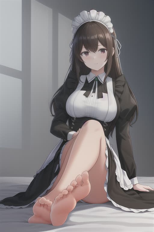  (score 9,score 8 up,score 7 up,),1girl,solo,maid,maid headdress,looking at viewer,apron,brown hair,indoors,black hair,bare foot,feet focus,two feet hyperrealistic, full body, detailed clothing, highly detailed, cinematic lighting, stunningly beautiful, intricate, sharp focus, f/1. 8, 85mm, (centered image composition), (professionally color graded), ((bright soft diffused light)), volumetric fog, trending on instagram, trending on tumblr, HDR 4K, 8K