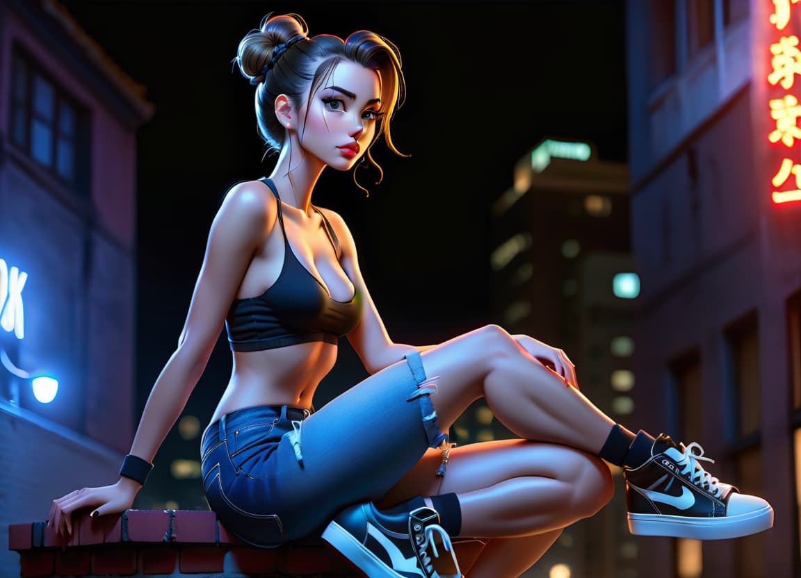  A girl sits on a rooftop in front of a city at night, her hair is tied back in a bun, her hair is black, she's wearing denim shorts, and white sneakers, facing profile. hyperrealistic, full body, detailed clothing, highly detailed, cinematic lighting, stunningly beautiful, intricate, sharp focus, f/1. 8, 85mm, (centered image composition), (professionally color graded), ((bright soft diffused light)), volumetric fog, trending on instagram, trending on tumblr, HDR 4K, 8K