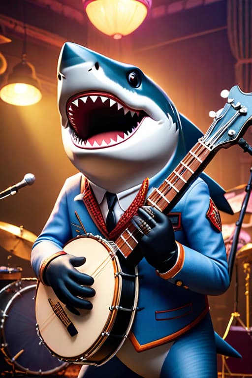  Shark playing banjo. Bicycle backdrop hyperrealistic, full body, detailed clothing, highly detailed, cinematic lighting, stunningly beautiful, intricate, sharp focus, f/1. 8, 85mm, (centered image composition), (professionally color graded), ((bright soft diffused light)), volumetric fog, trending on instagram, trending on tumblr, HDR 4K, 8K