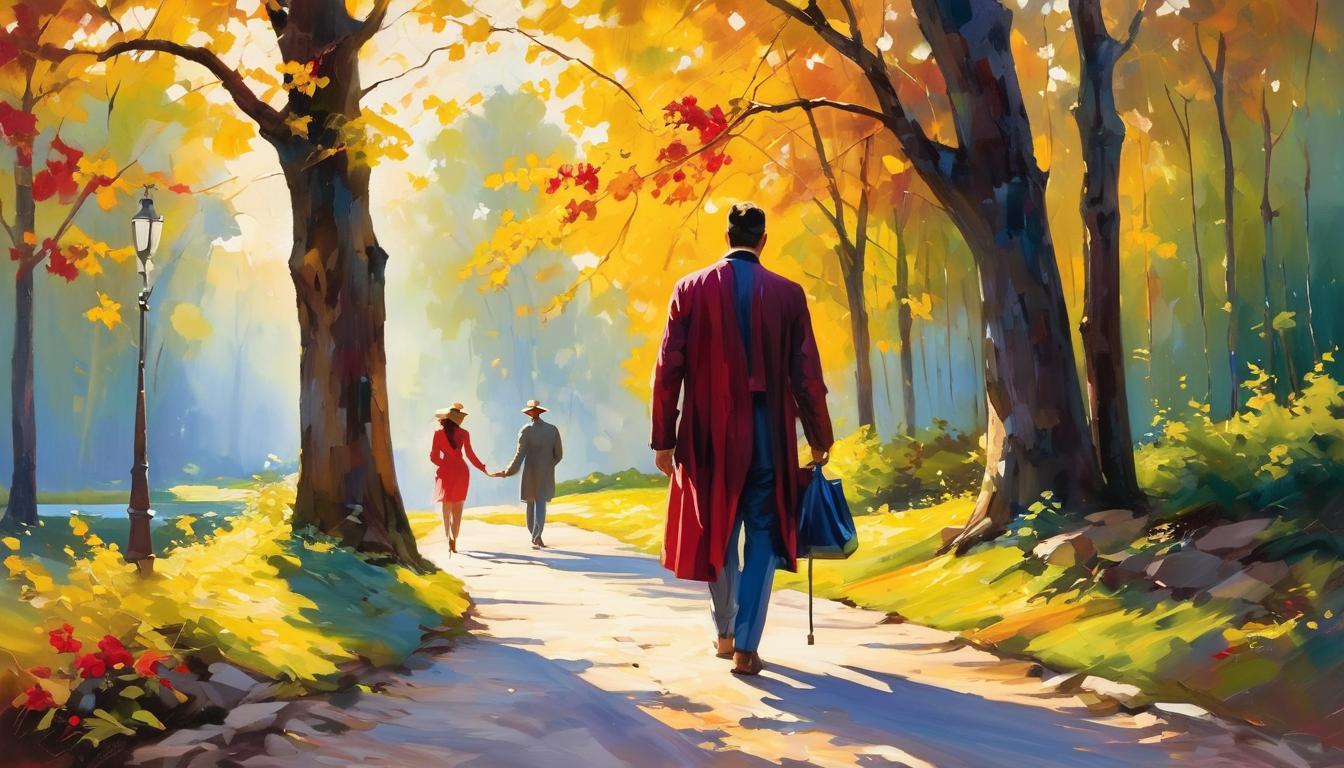  oil paintinghandsome man with confident stride, walking alongside attractive woman, both radiating light, picturesque path, enchanting and hopeful(energetic brushwork, bold vibrant colors, expressive, emotional,bold brush, oil stroke, raw, emotional, dynamic, distortion for emotional effect, detailed,beautiful, loose brushwork, light and shadow play, captures feeling over form, balanced color