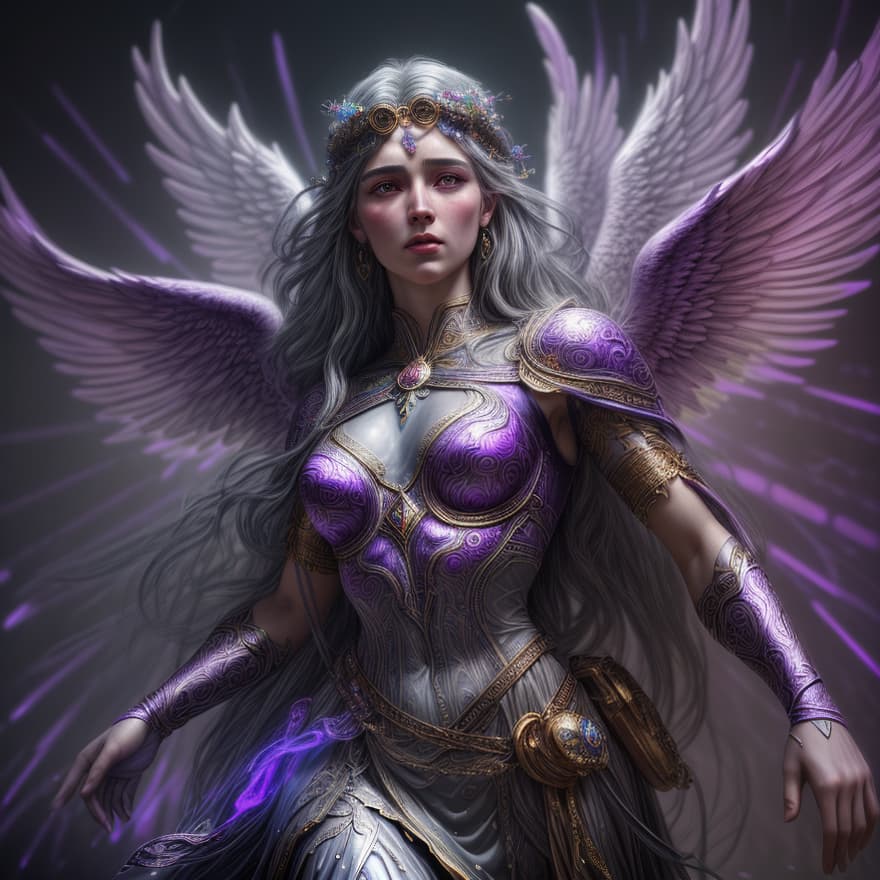  one goddees, 1 character, from sky, from heaven, A hyper realistic opal statue of Greek goddesses of dreams ((Oneiros)) Athena with colourful, magic lights falling from wings, pretty French face, sharp purple detailed, metallic carvings purple, (((blurred gray background))) in the style gods, Hyperdetailed photorealism, 108 megapixels, purple amazing depth, glowing rich colors, powerful imagery, psychedelic, cinematic lighting, artstation concept art, smooth, sharp focus, illustration, art by John Collier and 8k, an epic fantasy, Digital art. Highly detailed. Octane render. beautiful light, Ultra detailed, realistic, surreal, 8k, cinematic, ultra realistic