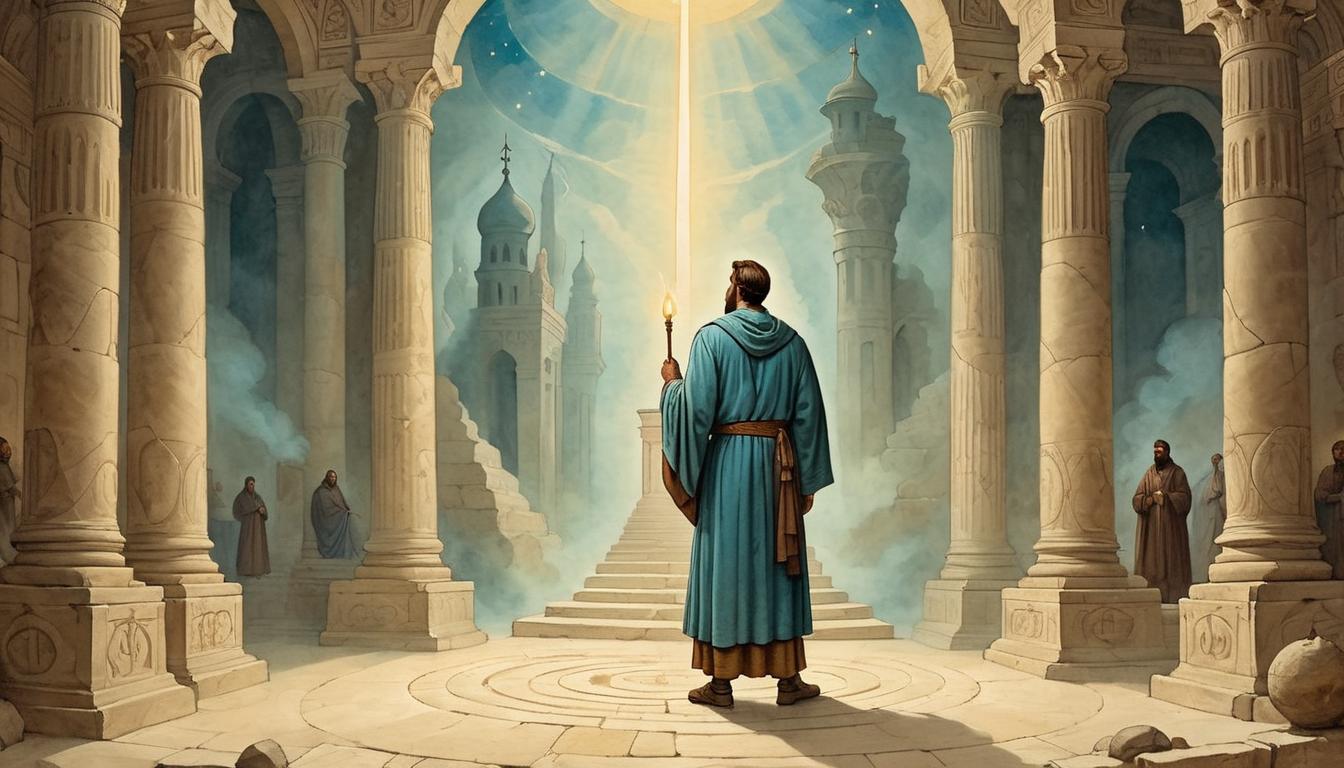  on parchment, surrealism+++, Young Samuel, dressed in simple robes, standing in a sacred temple, divine light illuminating his figure, atmosphere of reverence and destiny, youthful, spiritual(mysterious, provocative, symbolic,muted color)+++