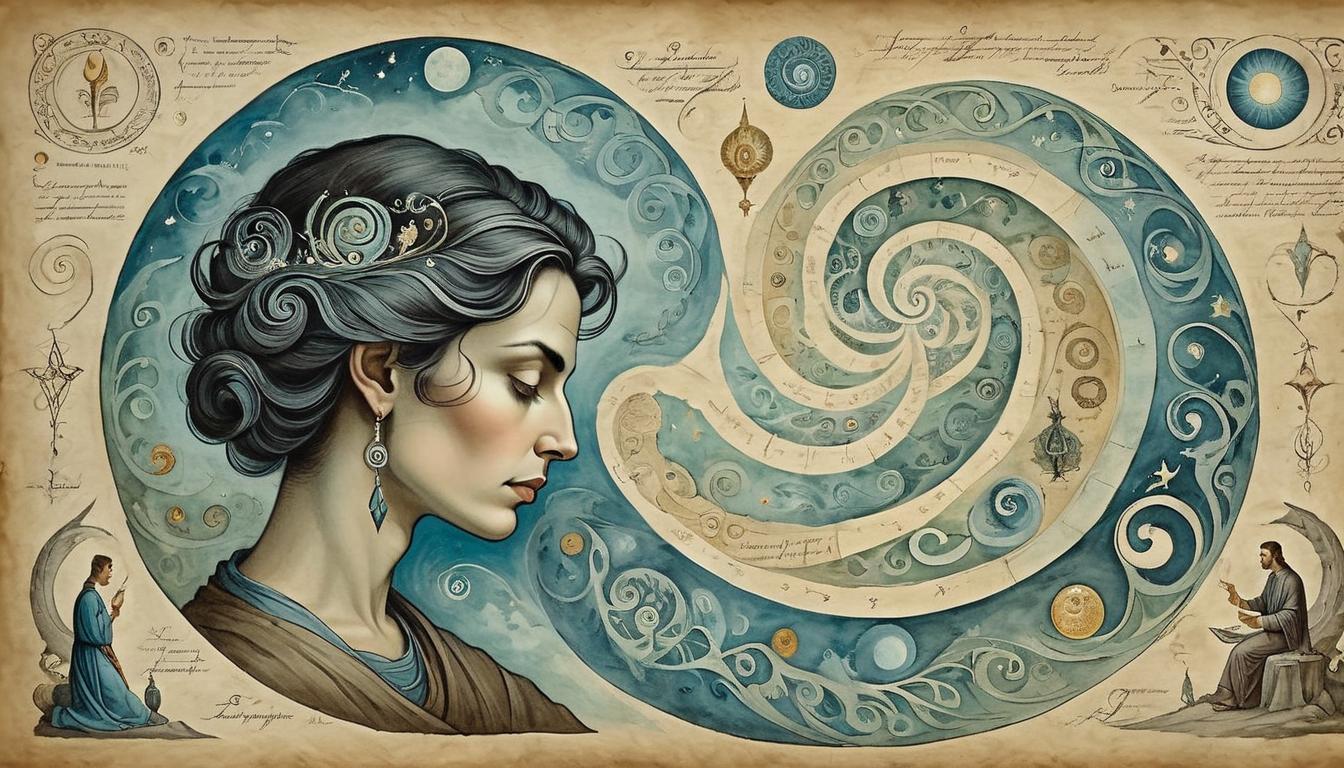  on parchment, surrealism+++, A person in contemplation, gathering symbols from an ethereal swirl around them, focused, enlightened gaze, mystical(mysterious, provocative, symbolic,muted color)+++